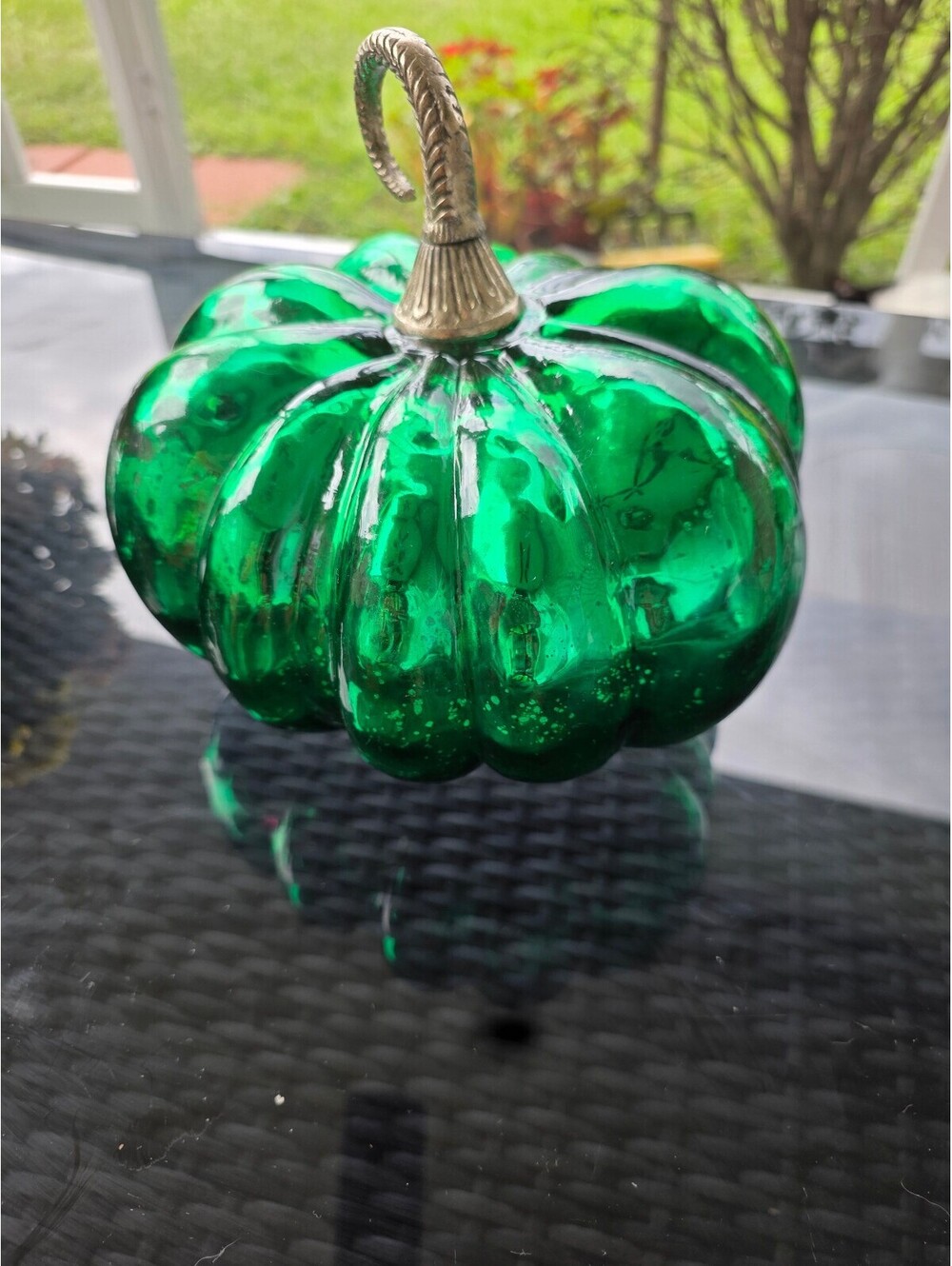 Green Glass Pumpkin Decorative Ornament with Silver Stem - Made in India